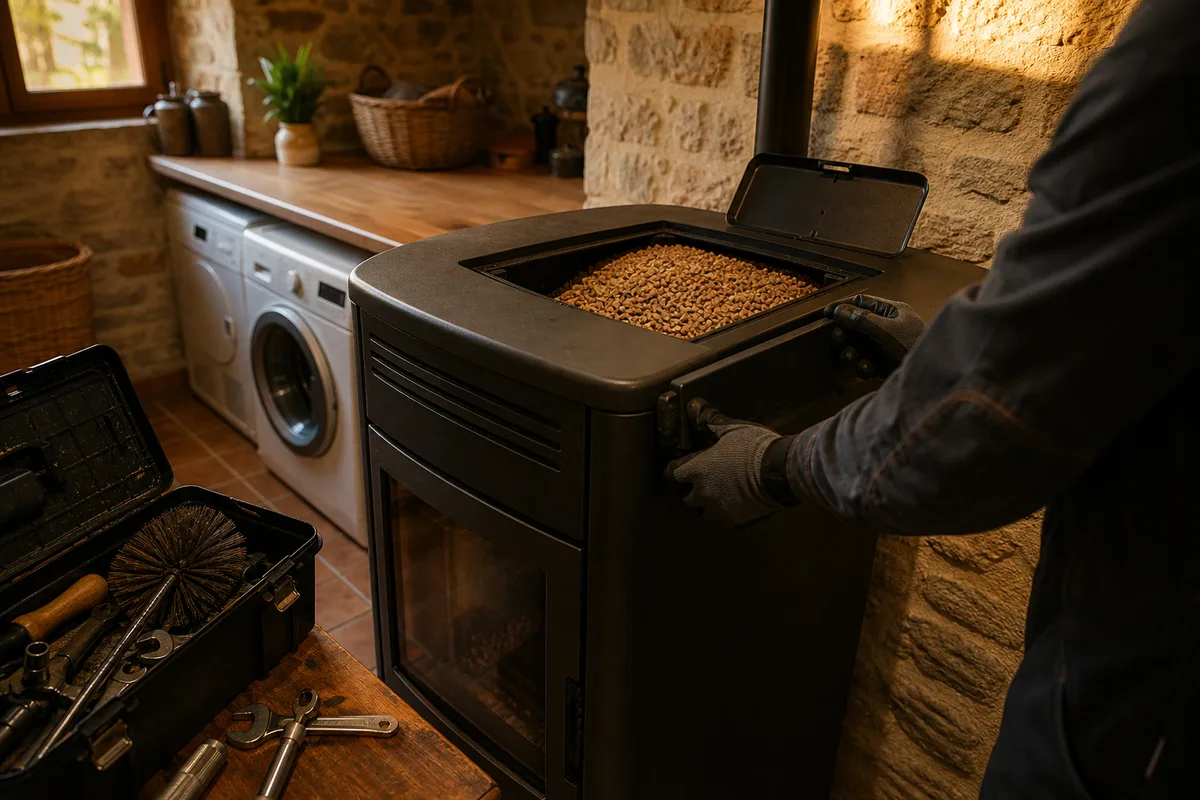 Chaufferie domestique dans une maison de pierre du Clunisois, poêle à granulés et outillage de chauffagiste, lumière chaude