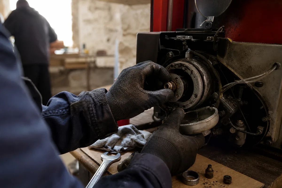 Chaufferie d’une maison en pierre bourguignonne avec une ancienne chaudière fioul et sa ligne d’alimentation