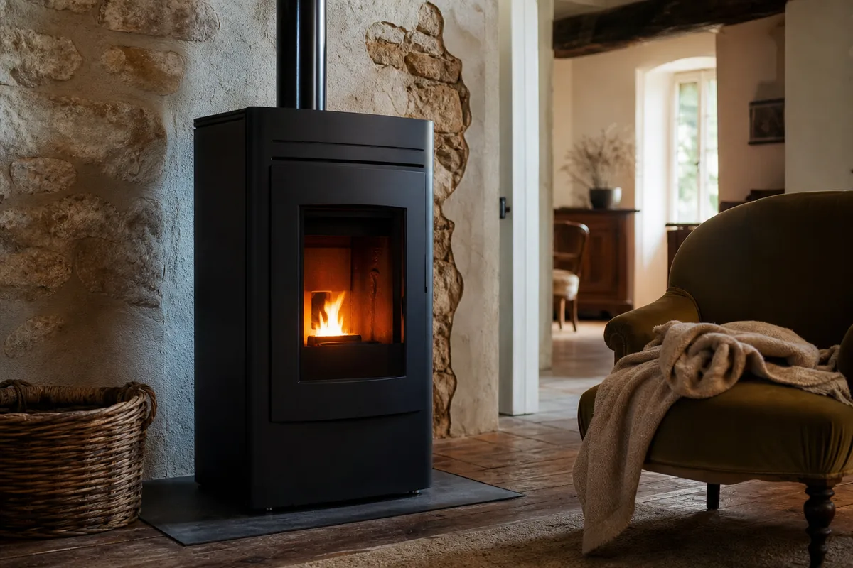 Poêle à granulés installé dans le séjour rénové d’une maison en pierre, lumière chaude d’intérieur
