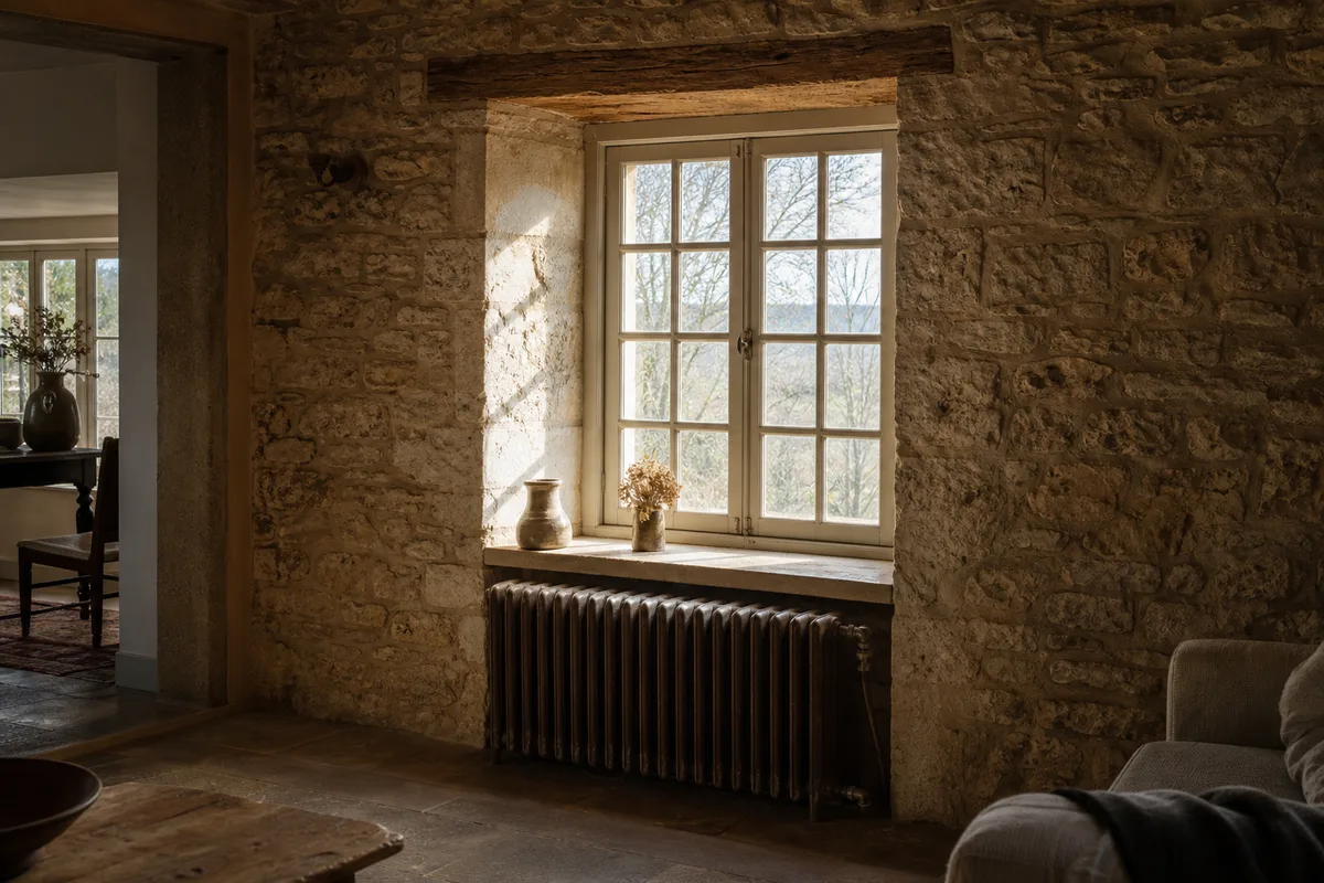 Intérieur d&rsquo;une maison ancienne en pierre calcaire du Clunisois avec un ancien radiateur en fonte