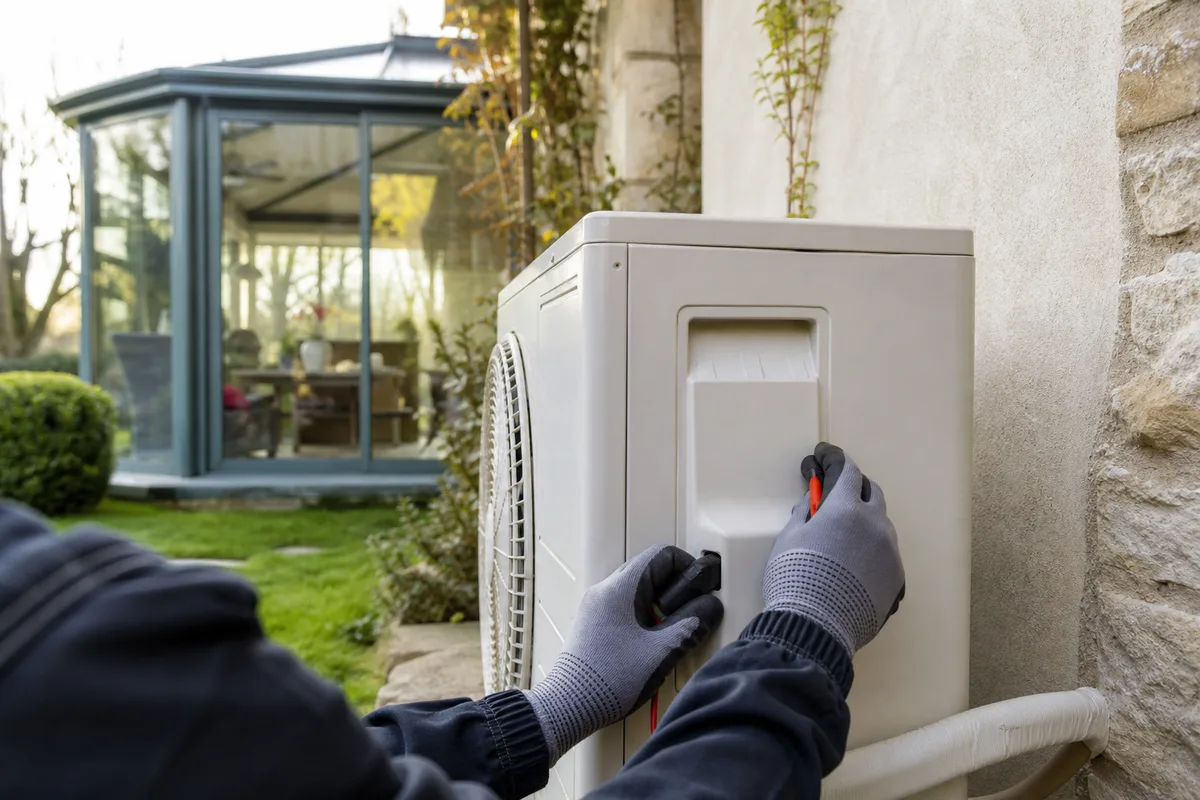 Mains d&rsquo;un technicien contrôlant les réglages d&rsquo;une pompe à chaleur air-eau devant un pavillon