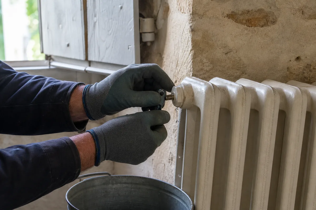 Purge d&rsquo;un radiateur ancien lors d&rsquo;une remise en chauffe dans une maison de pierre