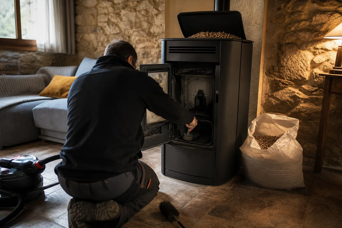 Nettoyage du creuset d&rsquo;un poêle à granulés avant l&rsquo;hiver dans une maison du Tournugeois
