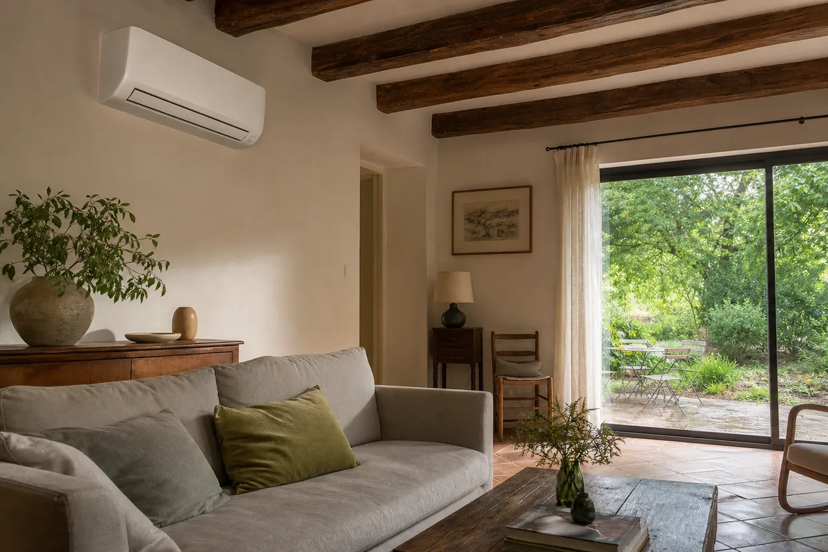 Unité intérieure murale de climatisation réversible dans un séjour lumineux d’une maison du Mâconnais
