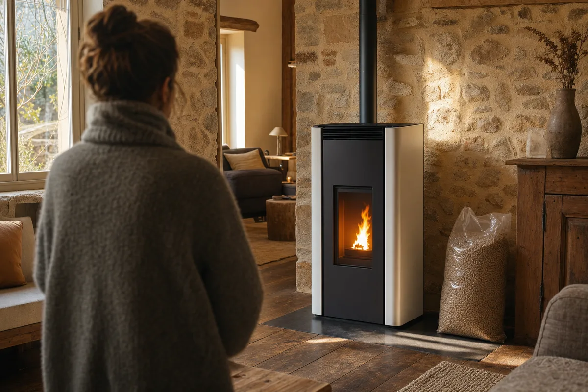 Poêle à granulés récent installé dans le salon d&rsquo;une maison de pierre du Clunisois