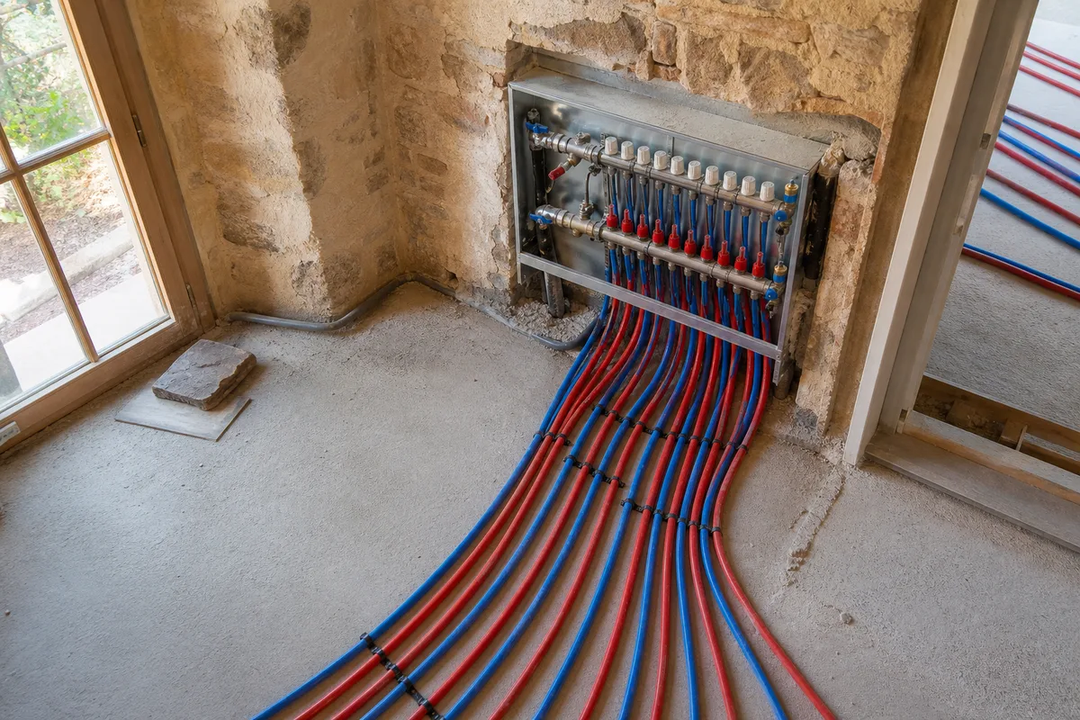 Boucles d&rsquo;un plancher chauffant et collecteur de distribution dans une maison de pierre