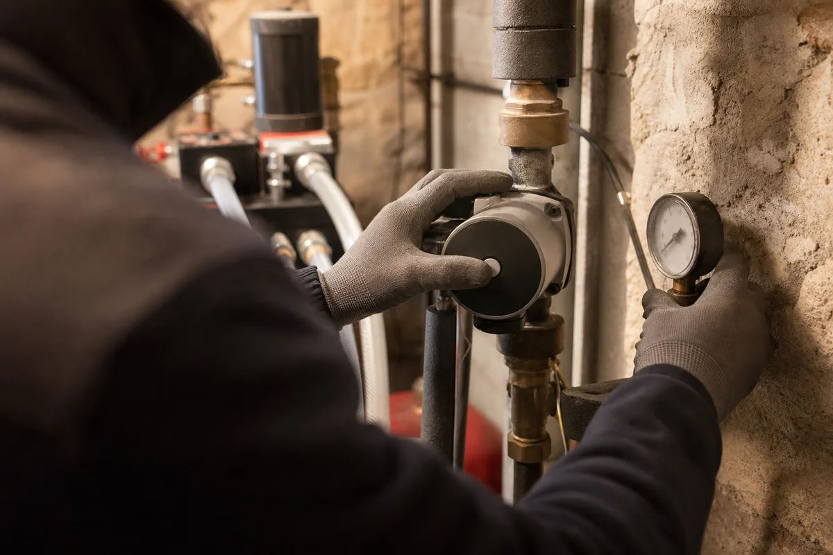 Mains gantées d&rsquo;un chauffagiste sur le circulateur d&rsquo;une chaufferie domestique