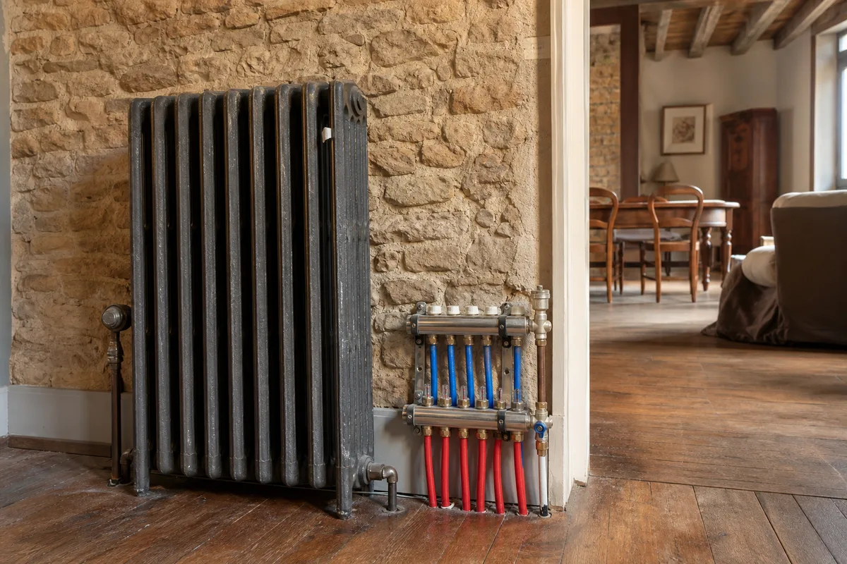 Radiateur en fonte et collecteur de plancher chauffant dans une maison en pierre du Clunisois