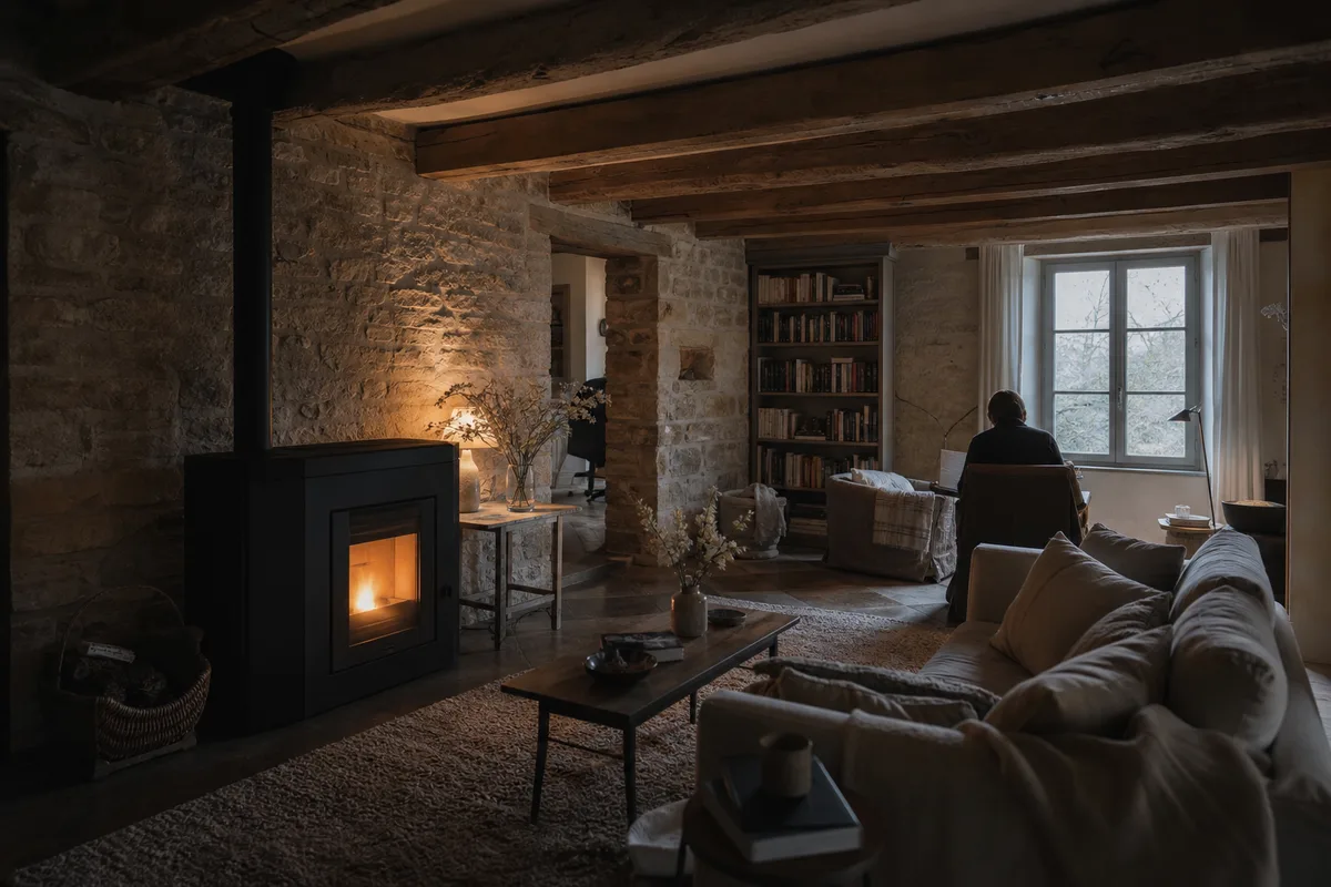 Poêle à granulés allumé dans le séjour d&rsquo;une maison en pierre du Clunisois, lumière chaude du soir