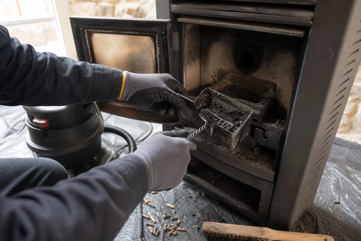 Mains d&rsquo;un chauffagiste nettoyant le creuset et le brasier d&rsquo;un poêle à granulés, outillage posé à côté