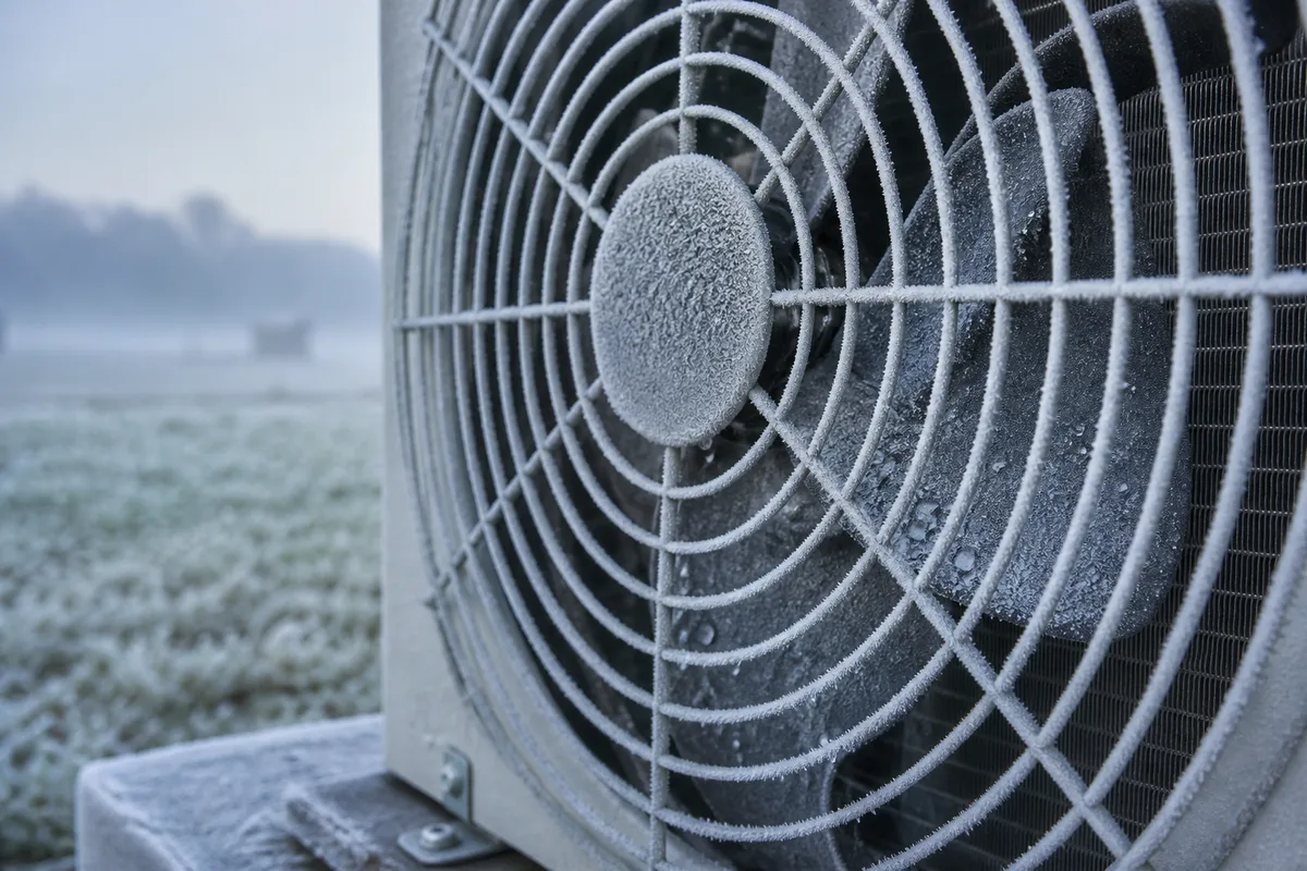Unité extérieure de pompe à chaleur givrée un matin d’hiver dans le Val de Saône