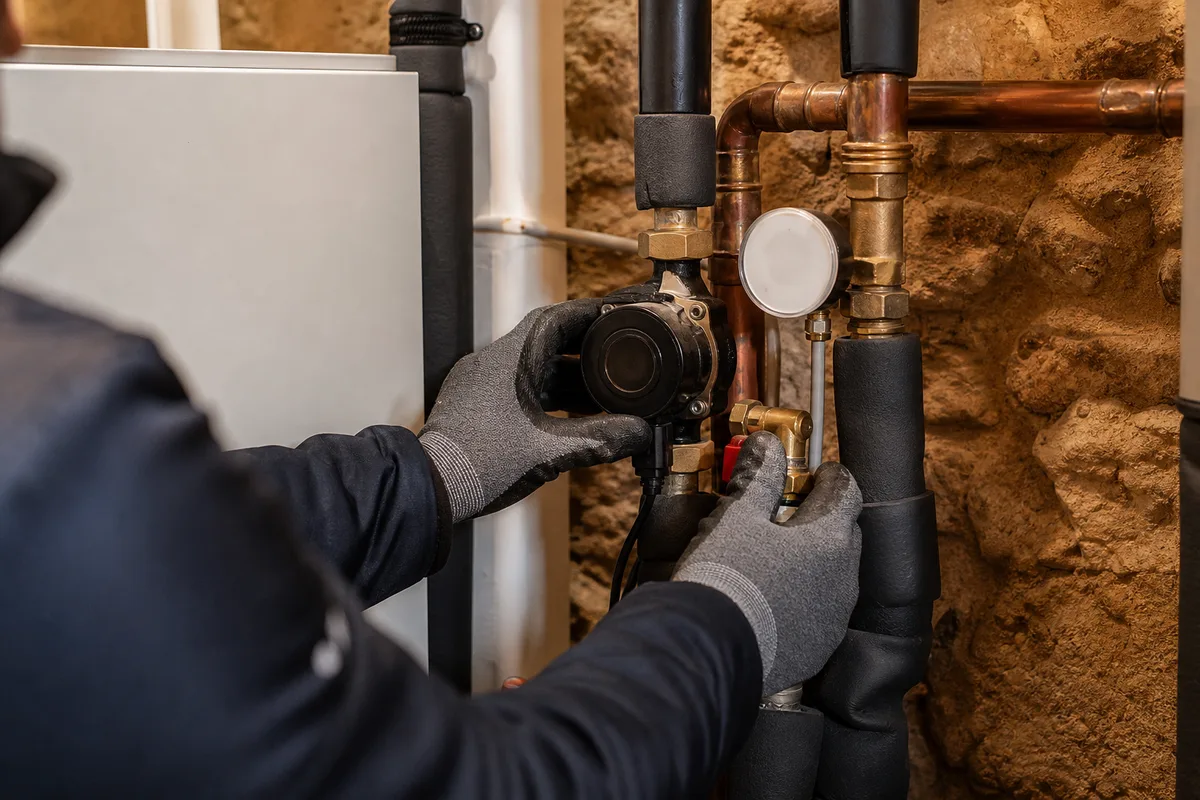 Chauffagiste contrôlant le circulateur et le circuit d&rsquo;eau d&rsquo;une pompe à chaleur dans une chaufferie domestique