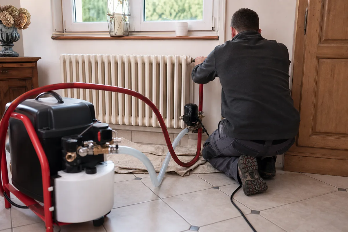 Chauffagiste raccordant une machine de désembouage à un radiateur en fonte dans un pavillon